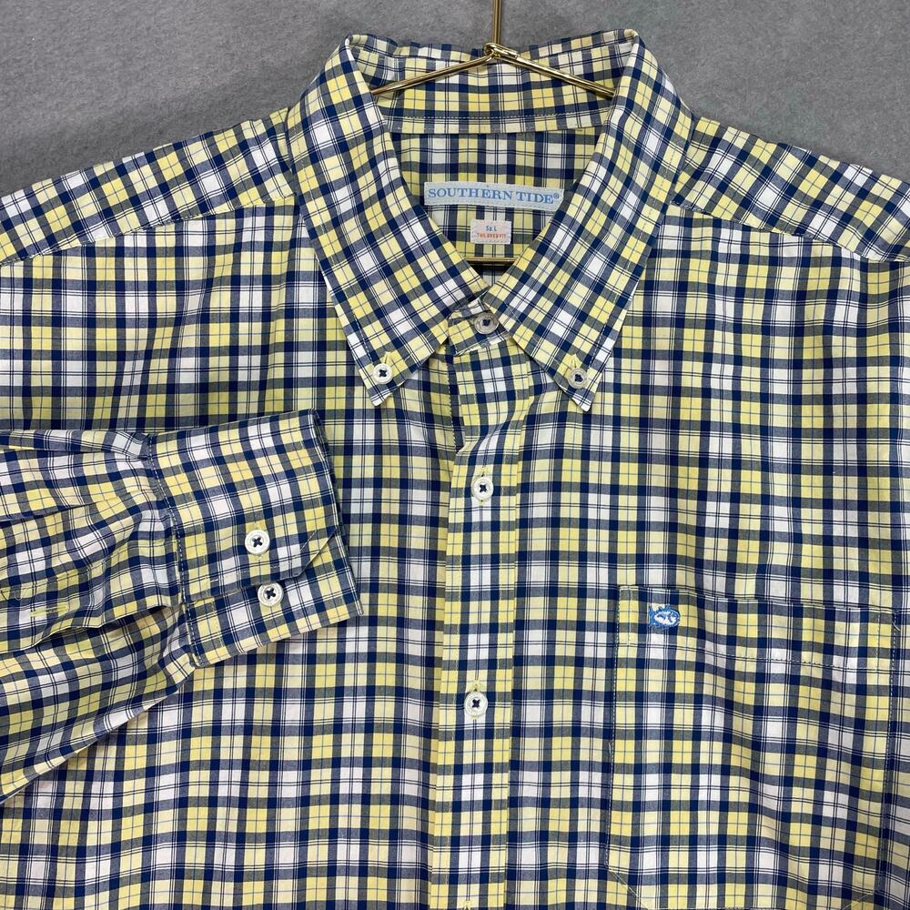 Southern Tide Shirt Mens Large Plaid Button Down Long Sleeve Cotton Yellow Blue